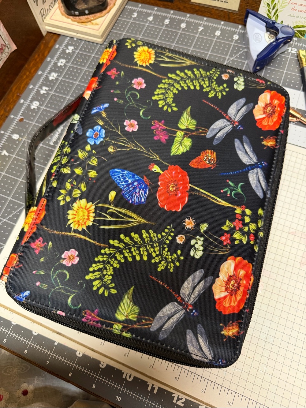 Black Floral & Dragonfly Zip Wristlet Organizer